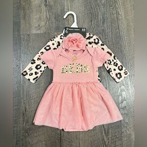 NEW | BEBE Pink Dress & Leopard Print Onesie Headband 3-Piece Set